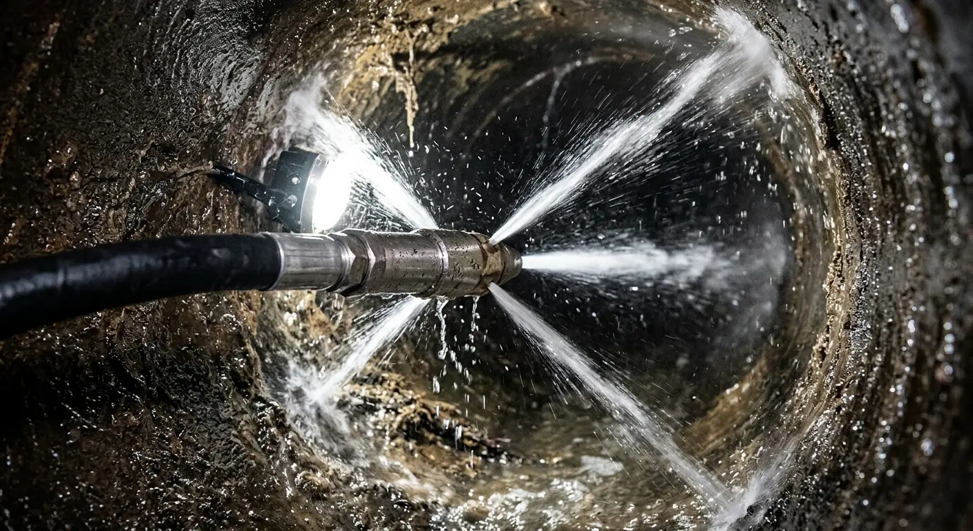 High-pressure hydro jetting nozzle cleaning sewer pipe for Sewer Cleanout in Kirby