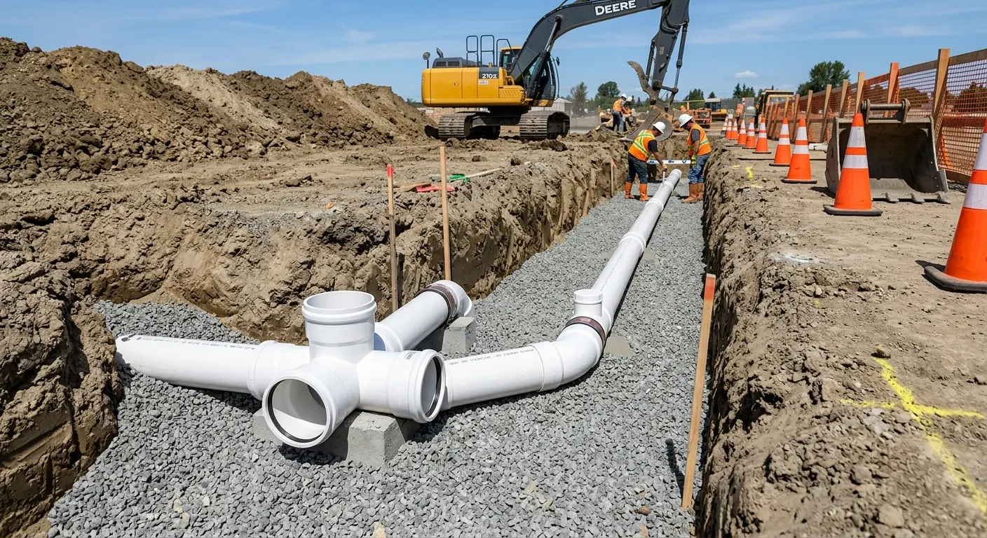 New PVC sewer pipe installation in open trench for Sewer Backup in Kirby