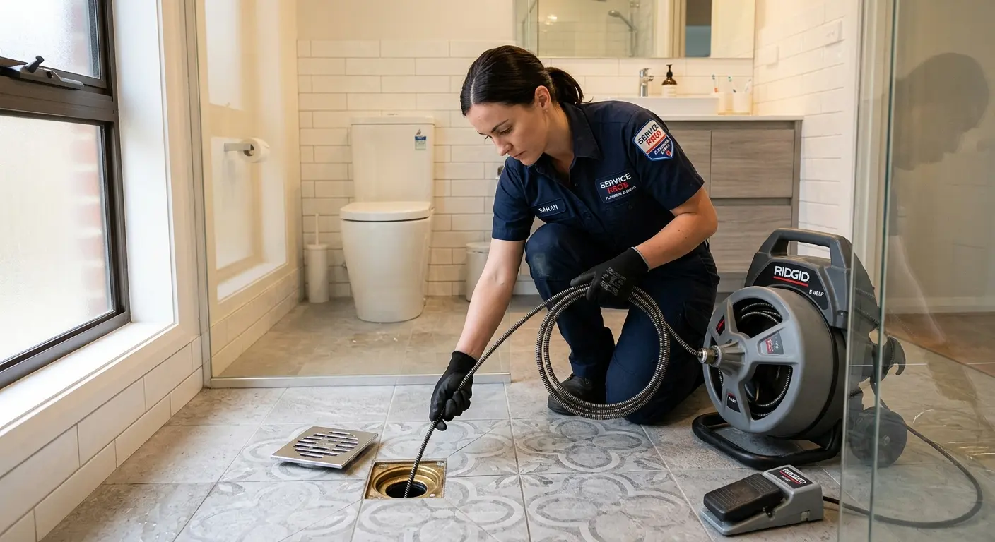 Technician clearing a bathroom floor drain for Drain Cleaning in Kirby